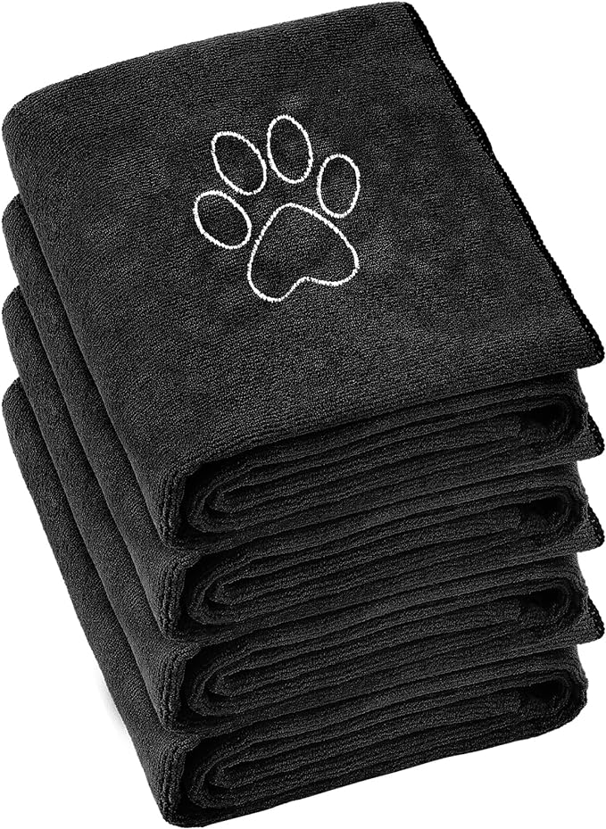 Chumia 4 Pack Dog Towels for Drying Large Microfiber Grooming Tools Absorbent Soft Bath Supplies with Embroidered Paw for Small Medium Pet Products(16 x 32 Inch,Black)