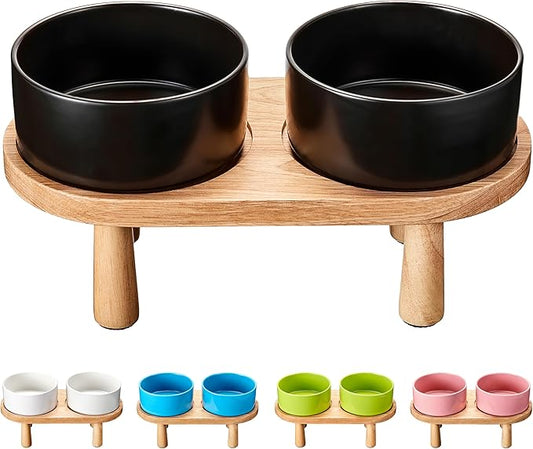 Ceramic Elevated Dog Bowls, Pet Food and Water Bowl Set for Large Dogs, 7.5 Cups Dog Bowls Raised with Wood Stand, 61OZ, Black