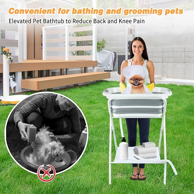 BWOGUE 2 in 1 Portable Dog Bath Tub Elevated Collapsible Dog Bathtub Washing Station with Drainage Hole for Bathing, Shower and Grooming, Pet Tub for Puppy Small Medium Dogs Indoor and Outdoor