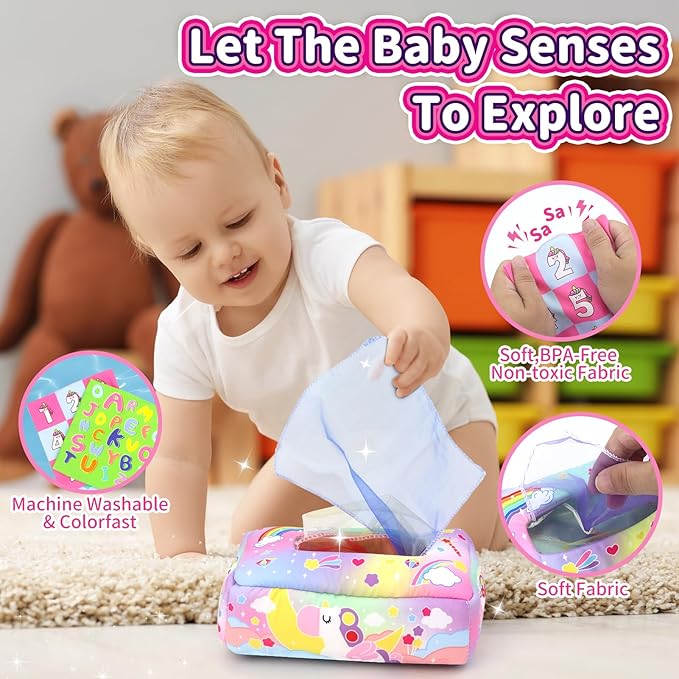 Baby Toys 6 to 12 Months - Tissue Box Toy, Tissue Learning Toys with Alphabet Number Color Sound, Baby Sensory Toy Gifts for 6 9 12 18 Months Old