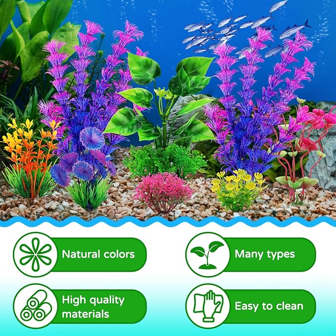 Fish Tank Accessories Aquarium Decorations Plants, 9pcs Colorful Fish Tank Artificial Plants and Cave Rock Decor Set, Aquarium Decor Plastic Plants