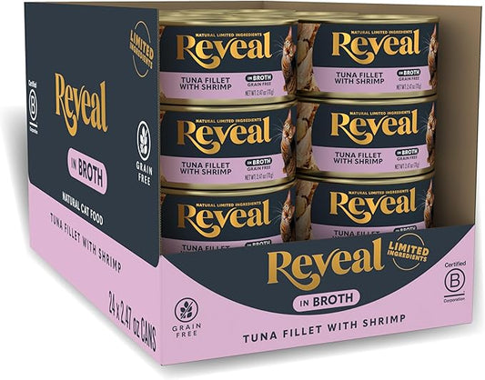 Reveal Natural Wet Cat Food, 24 Count, Grain Free, Limited Ingredient Canned Food for Cats, Tuna Fillet with Shrimp in Broth, 2.47 oz Cans