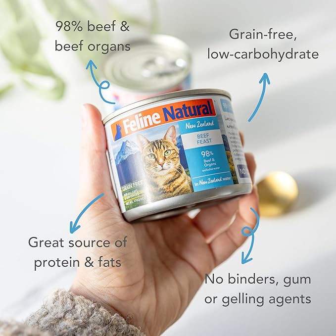 Feline Natural New Zealand Canned Catfood Wet Food, High-Meat, Low-Carb, & Grain Free Cat Food Wet, Beef Feast, 6 oz, Pack of 12