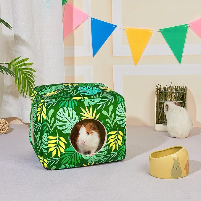 Bienbee Guinea Pig Hideout, Washable Guinea Pigs House Cozy Guinea Pigs Bed for Small Pet Bunny/Rabbit/Hamster/Chinchilla Guinea Pig Accessories Green Leaf