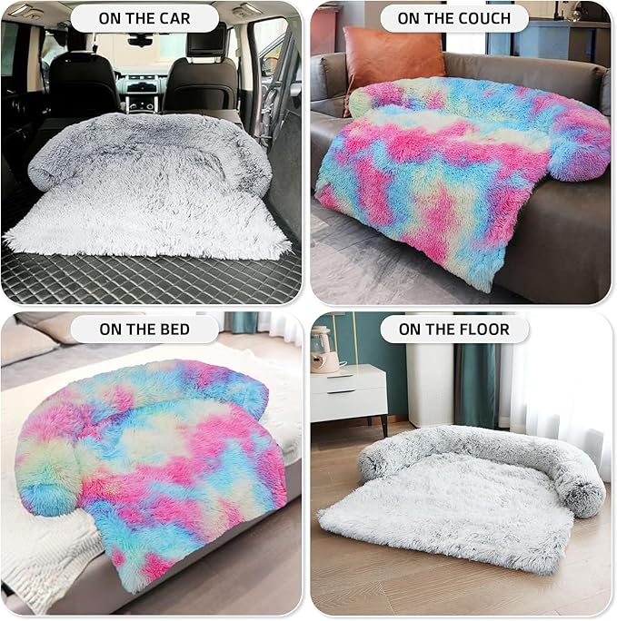 GGIB Calming Dog Bed Fluffy Plush Dog Mat for Furniture Protector with Removable Washable Cover for Large Medium Small Dogs and Cats (Medium, Rainbow)