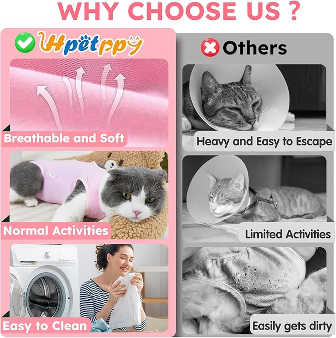 Cat Recovery Suit After Surgery, Breathable Cat Surgery Recovery Suit for Spay Abdominal Wounds or Skin Diseases, E-Collar Alternative Wear for Small Male Female Pets (Pink,L)