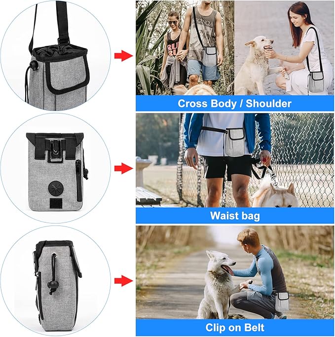 Airline Approved Dog Travel Bag with 2 Dog Treat Training Pouches, Tote Organizer for Weekend Pet Travel Supplies & Accessories, 2 Collapsible Bowls, 2 Food Container (Grey)