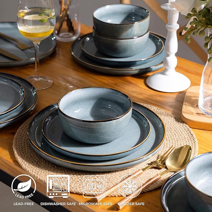 GBHOME Ceramic Dinnerware Sets for 6, 18 Pieces Stoneware Plates and Bowls Sets, Scratch Resistant Dishes, Dishwasher & Microwave Safe, Space Blue