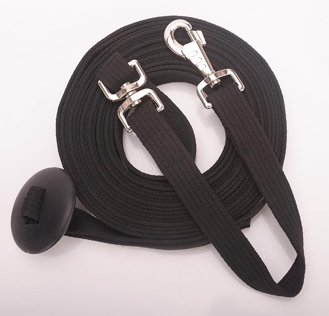 Cord Cotton Lunge Line with Rubber Stop，Equine Lunge Line for Horses with Swivel Bolt Snap，24 ft (Black, 24ft)
