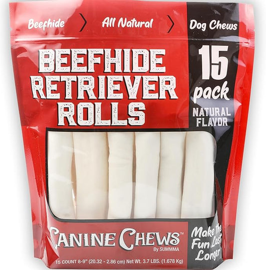 Canine Chews 8-9" Retriever Rolls for Large Dogs - Pack of 15 All-Natural Beef Hide Dog Chews for Aggressive Chewers - 3.7 lb.