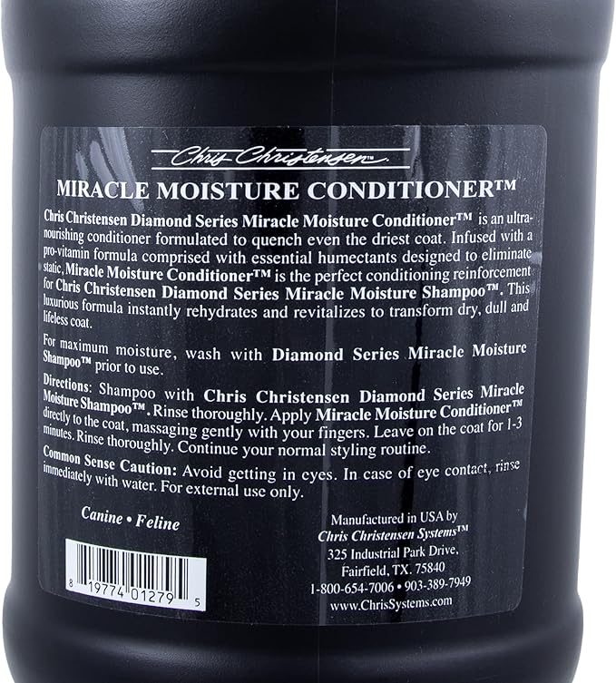 Chris Christensen Diamond Series Miracle Moisture Dog Conditioner, Groom Like a Professional, Pro-Vitamin Formula, Provides Maximum Moisture, Use on Both Dogs and Cats, Made in USA. 128 oz