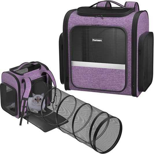 Pawtners Cat Carrier Backpacks Expandable Cat Backpack with Breathable Mesh, Pet Carrier Backpack for Cats Small Dogs Puppies Up to 18 Lbs, Dog Carrier Backpack for Travel Hiking Camping Outdoor