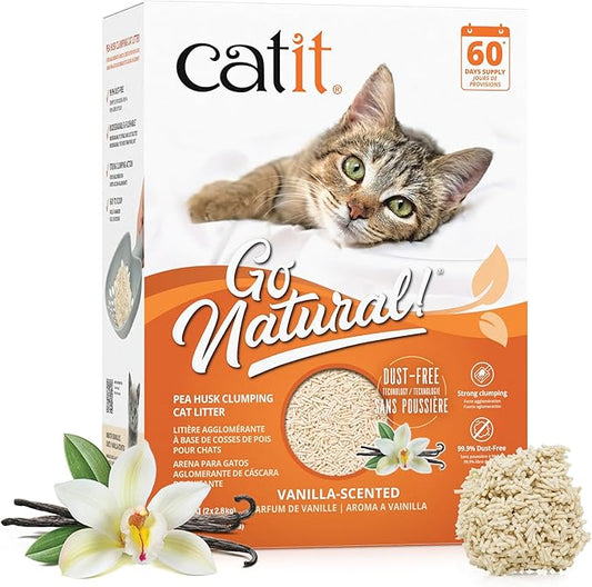 Catit - Go Natural Pea Husk Clumping Cat Litter - Lightweight, Dust Free, Easy Cleaning & Scooping, Flushable Kitty Litter with Odor Control & Subtle Fragrance - 12.3 Lbs, Vanilla Scented