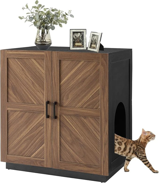 unipaws Cat Litter Box Enclosure with Shelves, Tall Hidden Litter Box Cover for Tall or Top Entry Litter Box, Kitty Enclosed Litter Box Cabinet, Cat Box Furniture, Walnut