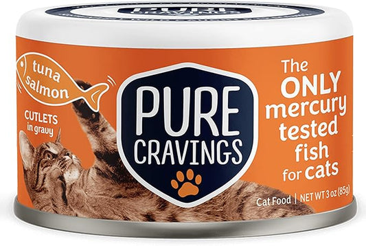Wet Cat Food Canned Tuna and Salmon Cutlets in Gravy, 100% Mercury-Tested, Moist Can Fish for Cats, Grain-Free, Protein, Non-GMO, Pack of 12
