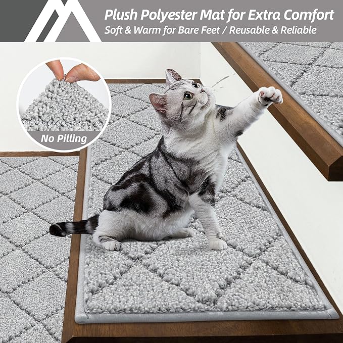 COSY HOMEER Edging Stair Treads Non-Slip Carpet Mat 28inX9in Indoor Stair Runners for Wooden Steps, Edging Stair Rugs for Kids and Dogs, 100% Polyester TPE Backing (7pc, Grey)