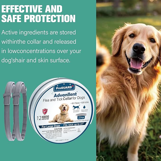 Flea Collar for Dogs, Flea and Tick Prevention for Dogs Collar, Dog Flea and Tick Treatment, 2 Collars, 12 Months Prevention, One Size Fits All