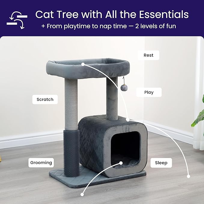 Catry 30" High 3 Level Modern Cat Tree with Large Base Condo,Removable Washable Top Bed, Recycled Paper Scratching Post, Self Grooming Brush, for Small Medium Cat(Dim Gray)