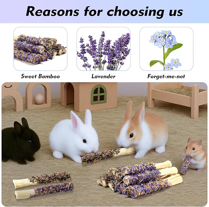 Abizoo Sweet Bamboo Rabbit Chew Sticks Treats and Toys 8Pcs Natural Hay with Forget-Me-Not Lavender for Bunny Guinea Pig Chinchilla Dental Care