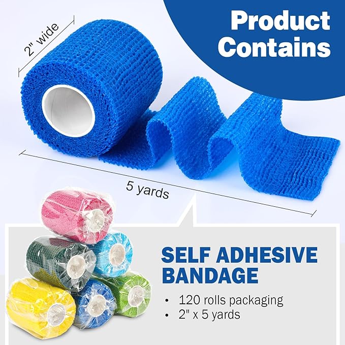 AZEN 120 Pack Self Adhesive Bandage Wrap, 2" X 5 Yards Elastic Cohesive Bandage Wrap, Color Athletic Tape, Vet Wrap, Ankle Tape