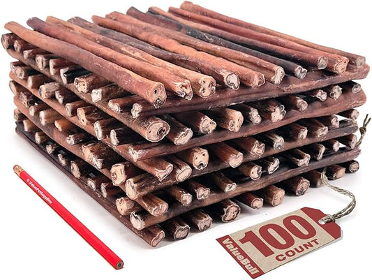 ValueBull Bully Sticks for Dogs, Thick 12 Inch, 100 Count - All Natural, Grass Fed, Single Ingredient, Long Lasting Dog Treats