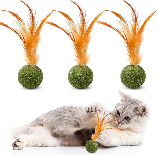 3 Pcs Catnip Balls with Feathers – Natural Catnip Toy for Play, Stress Relief & Healthy Enrichment Interactive Cat Toys Perfect for Indoor Cats & Kittens, Encourages Active Play & Wellness