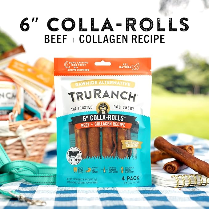 Collagen Rolls - 6" Collagen Rolls for Dogs - Long Lasting Healthy Joint Support - Rawhide Alternative - Skin & Coat Health - Made with Real Beef, Value Pack, 3 Bags, 12 Count
