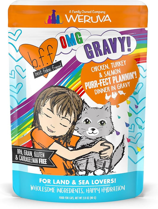 Weruva B.F.F. OMG - Best Feline Friend Oh My Gravy!, Purr-FECT Plannin'! with Chicken, Turkey & Salmon in Gravy Cat Food, 2.8oz Pouch (Pack of 12)