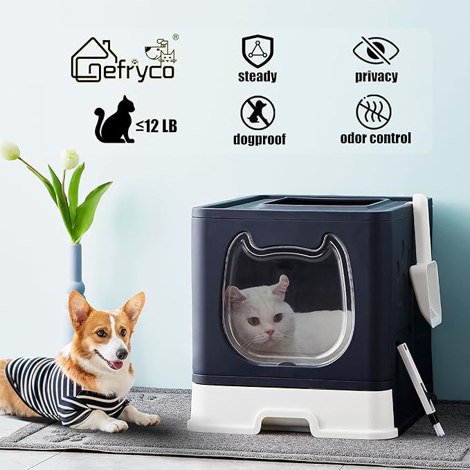 Gefryco Litter Box with Lid for Small to Medium Cats, Enclosed Cat Litter Box with Cover，High Sided Top Entry Cat Box with Brush and Scoop, Cute Kitty Litter Pan with Drawer for Growing Kitten(Black)