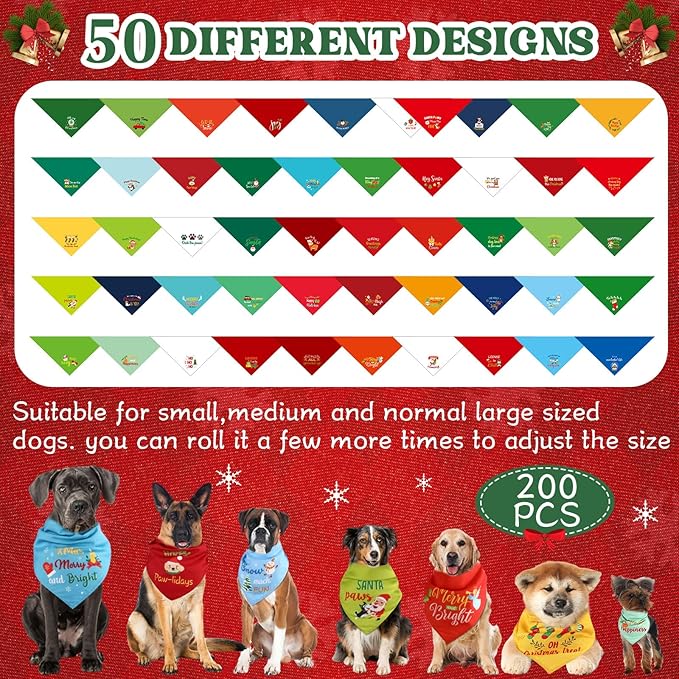 200 Pcs Christmas Dog Bandana Bulk with Sayings Pet Bandanas Triangle Scarf Bibs Washable Puppy Kerchief Adjustable Grooming Supplies for Small Medium Large Dog Cat Costume Accessories