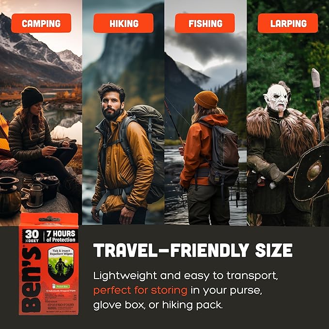 Ben's Tick & Insect Repellent Wipes - 30% DEET for Mosquitoes, Ticks & More - Up to 7 Hours of Protection - Alcohol- & Fragrance-Free - 12 Wipes (4 Pack)