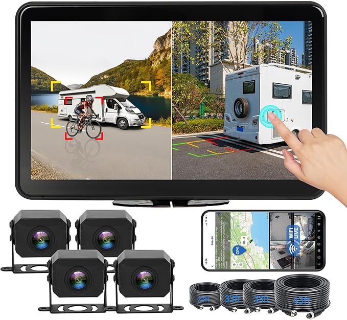 4CH 10.1 inch AI WiFi GPS RV Backup Camera Monitor System with Touch Screen and 4x1080P Waterproof Night Vision Cameras, Blind Spot Detection DVR Video Recorder for Truck Trailer Semi Camper Van Taxi