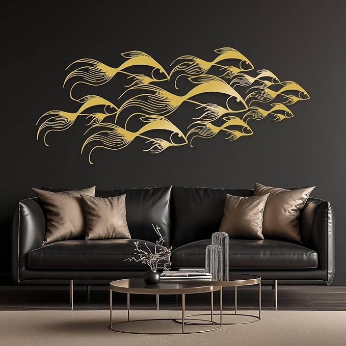 School of Fish Metal Wall Art, Metal Fish Wall Decor, Sea Life Wall Art, Large Nautical Wall Hanging, Modern Beach House Wall Decor, Ocean Themed Artwork for Bathroom (Gold, 24"x10" | 60x25cm)