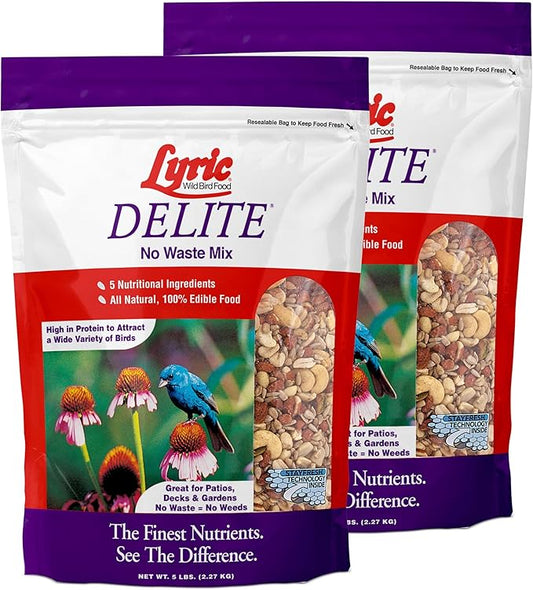 Lyric Delite Wild Bird Seed for Outside Feeders - No Waste Bird Food, Nuts & Seeds Mix, Attracts Buntings, Chickadees & Finches, 10 lb (Pack of 2-5 lb Bags)