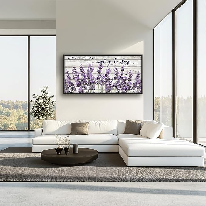 Large Lavender Wall Art for Living Room, Framed Oversized Rustic Floral Wall Decor Christian Give It To God Canvas Painting Modern Artwork for Living Room Bathroom Bedroom Office Dining Room 60"x30"