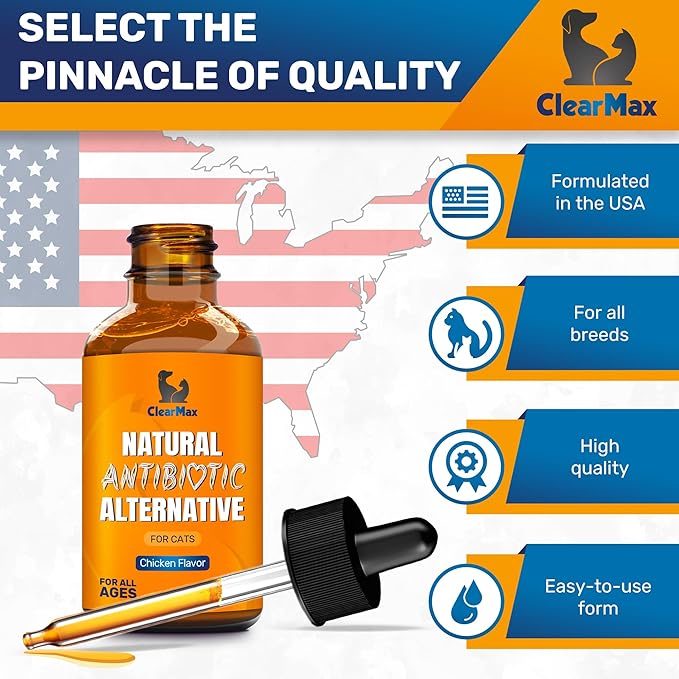 Cat Antibiotic to Help with Cough & Allergies – Antibiotics for Cats to Aid with UTIs and Digestive Moments – HIPS & Joints Support – Attractive Chicken Taste – 1 Oz Bottle