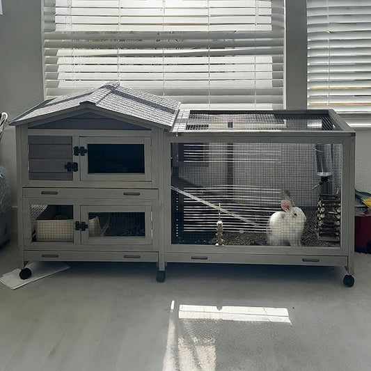 Aivituvin Rabbit Hutch Outdoor Rabbit Cage Indoor with Casters Bunny Cage Chikcen Coop for Small Animals with Pull-Out Tray(Grey)