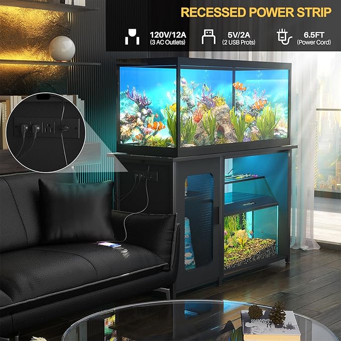 55-75 Gallon Fish Tank Stand with Power Outlets & LED Light, Reversible Heavy Duty Metal Aquarium Stand with Cabinet for Fish Tank Accessories Storage, Turtle/Reptile Terrariums, Black