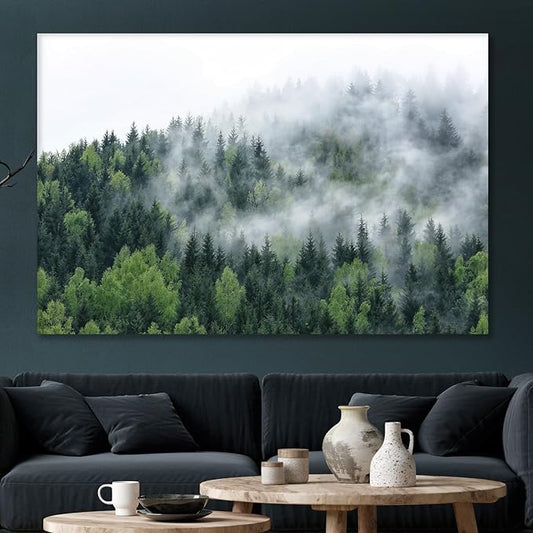 Nature Wall Art Prints - Ocean Forest Mountain Lake Canvas Landscapes - Small to Extra Large Living Room Bedroom Kitchen Bathroom Décor (Pine Trees in Fog, 35L" x 53W")