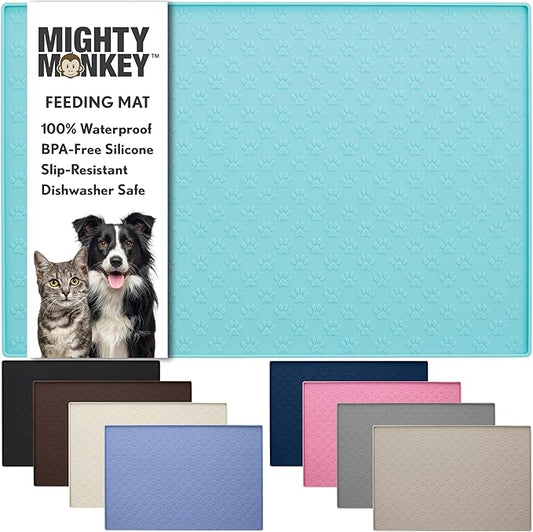 MIGHTY MONKEY 100% Waterproof Dog Food Mat, Raised Edges Silicone Pet Feeding Placemat for Cat, Dogs, Pet Bowls, High Lipped Tray Prevents Water Spills, Food on Floor, Dishwasher Safe, 22x14 Turquoise