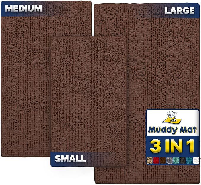 Muddy Mat® Pack of 3 Highly Absorbent Microfiber Dog Door Mat and Pet Rug, Non Slip Thick Washable Area Mat Soft Chenille for Kitchen Bathroom Bedroom and Outdoor - Brown Small, Medium & Large