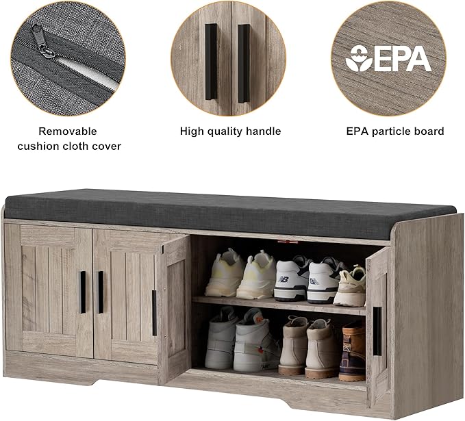 2-Tier Storage Bench, Shoe Bench with Thickened Padded Seat Cushion, Entryway Bench with 4 Doors, Adjustable Shelf, 13.8" D x 45.3" W x 18.5" H, for Entryway, Living Room, Bedroom, Greige
