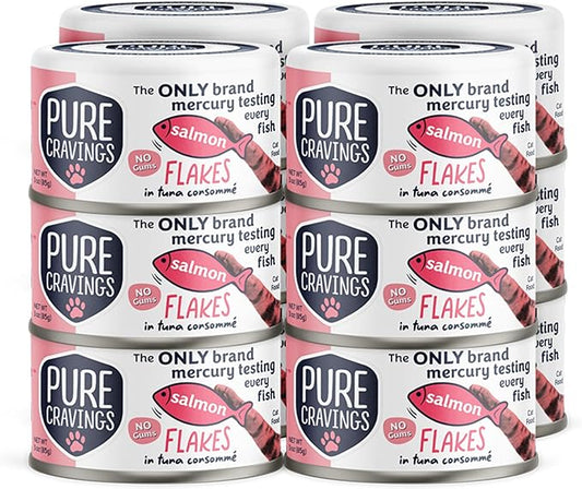 Salmon Flakes in Tuna Consommé, Canned Wet Cat Food Soup, 100% Mercury-Tested, Moist Can Fish, Grain-Free Protein, Non-GMO, 3oz, Pack of 12