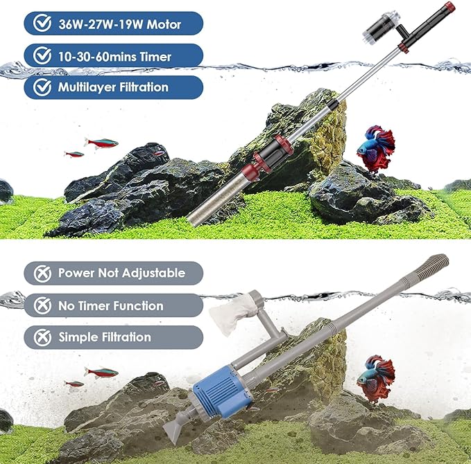 AKKEE Aquarium Vacuum Gravel Cleaner, 36W Fish Tank Gravel Cleaner Vacuum for Water Changer 8 in 1 Multifunctional with Timed Off Waterproof Wash Sand Water Filter Circulation Aquarium Vacuum Cleaner