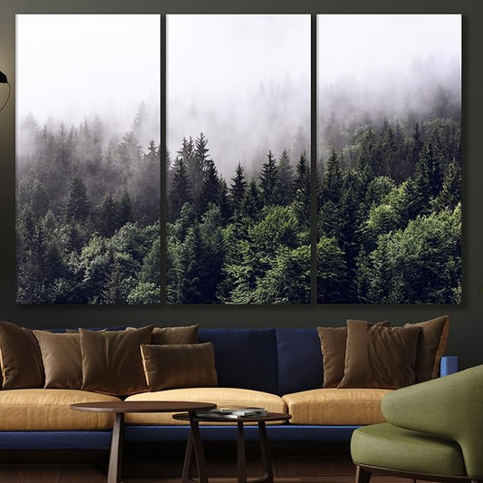 Nature Wall Art Prints - Ocean Forest Mountain Lake Canvas Landscapes - Small to Extra Large Living Room Bedroom Kitchen Bathroom Décor (Foggy Pine Forest, 35L" x 53W" - 3 Panels)