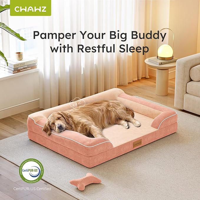 XXL Dog Bed for Extra Large Dogs, Giant Orthopedic Dog Bed with Cooling Gel Memory Foam, Waterproof Pet Bed with Removable Washable Cover, 53" Pet Sofa bed Dutch Velvet with Bone Toy, Peach Pink