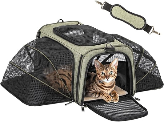 Petsfit Expandable Rabbit Carrier Bunny Carriers, 16 Inch Airline Approved Pet Carrier with 2 Extensions, Soft Washable Cushion, Self-Locking Zipper Head, Built-in Safety Rope, Fit for Travel
