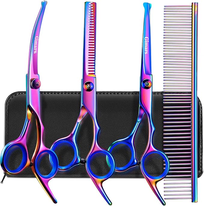 Gimars Dog Grooming Scissors Kit Professional 4CR with Safety Round Tip, 5 in 1 Heavy Duty Titanium Coated Thinning & Curved & Straight Shears