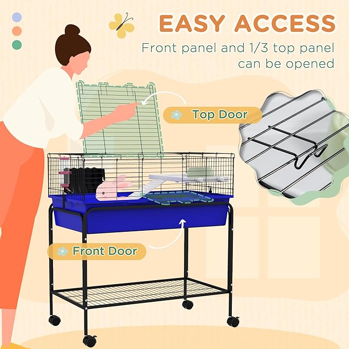 PawHut Two-Story Small Animal Cage Removable from Stand, Guinea Pig Cage with Shelf & Wheels, Pet Habitat for Hedgehog, Chinchilla, Ferret, 33" x 18.5" x 35", Blue