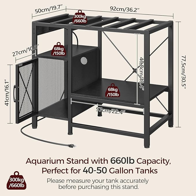 40-50 Gallon Fish Tank Stand, Aquarium Stand with Power Outlet and Storage Cabinet, Heavy Duty Tank Stand Suitable for Turtle Tank, Reptile Terrarium, for Home Office, Black FTBK50E01